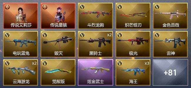 穿越火线（CF）2传说角色 1王者武器 1炫金武器 70V武器 7V角色 22皮肤 可排位 宗师