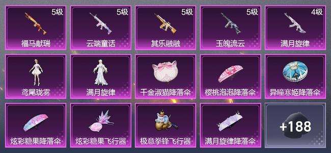 和平精英【苹果版】5升级枪 2粉装 3尾迹 113枪皮 86套装 3,1828热力 6印记 星钻