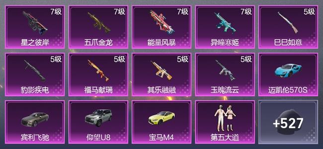 和平精英【苹果版】4载具 9升级枪 17粉装 7尾迹 292枪皮 228套装 9,5508热力 14印记 超级王牌