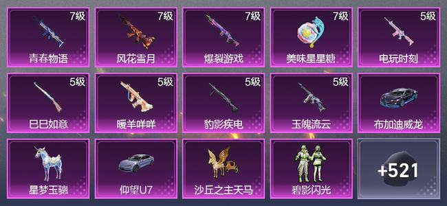 和平精英3载具 9升级枪 7粉装 9尾迹 317枪皮 202套装 10,1552热力 16印记 星钻