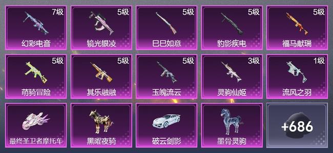 和平精英4载具 10升级枪 14粉装 11尾迹 391枪皮 283套装 12,5720热力 19印记