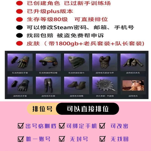 绝地求生（PUBG）排位号】80级*带1800GB