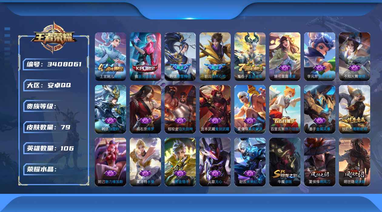 王者荣耀【106英雄79皮肤】*游戏区服:*- *情况: *