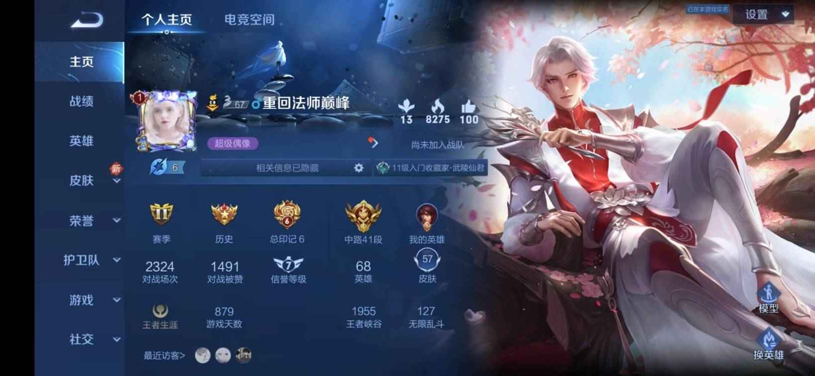 王者荣耀【68英雄57皮肤】416中路41段两国标武陵仙君