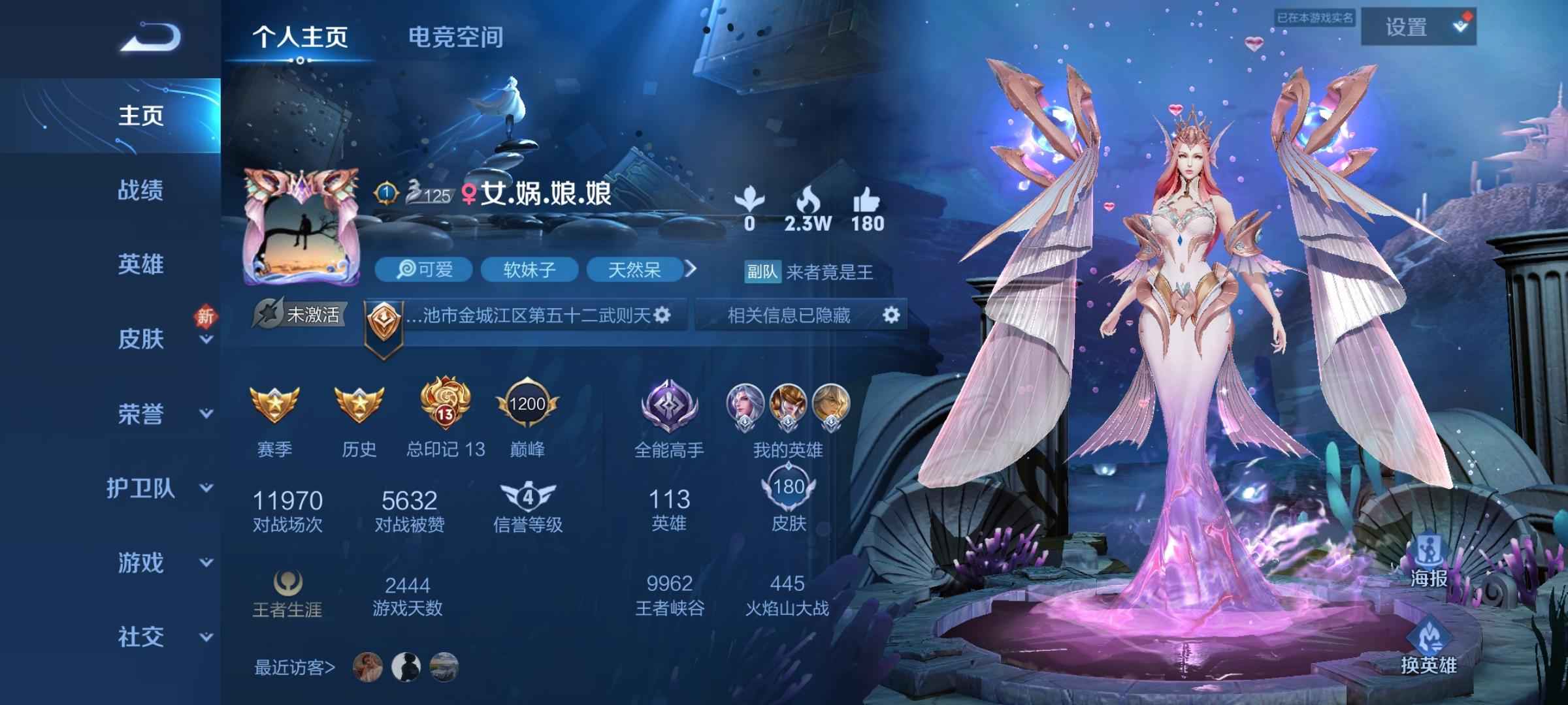 王者荣耀【113英雄180皮肤】八年老号幻海之心金色仲夏夜！