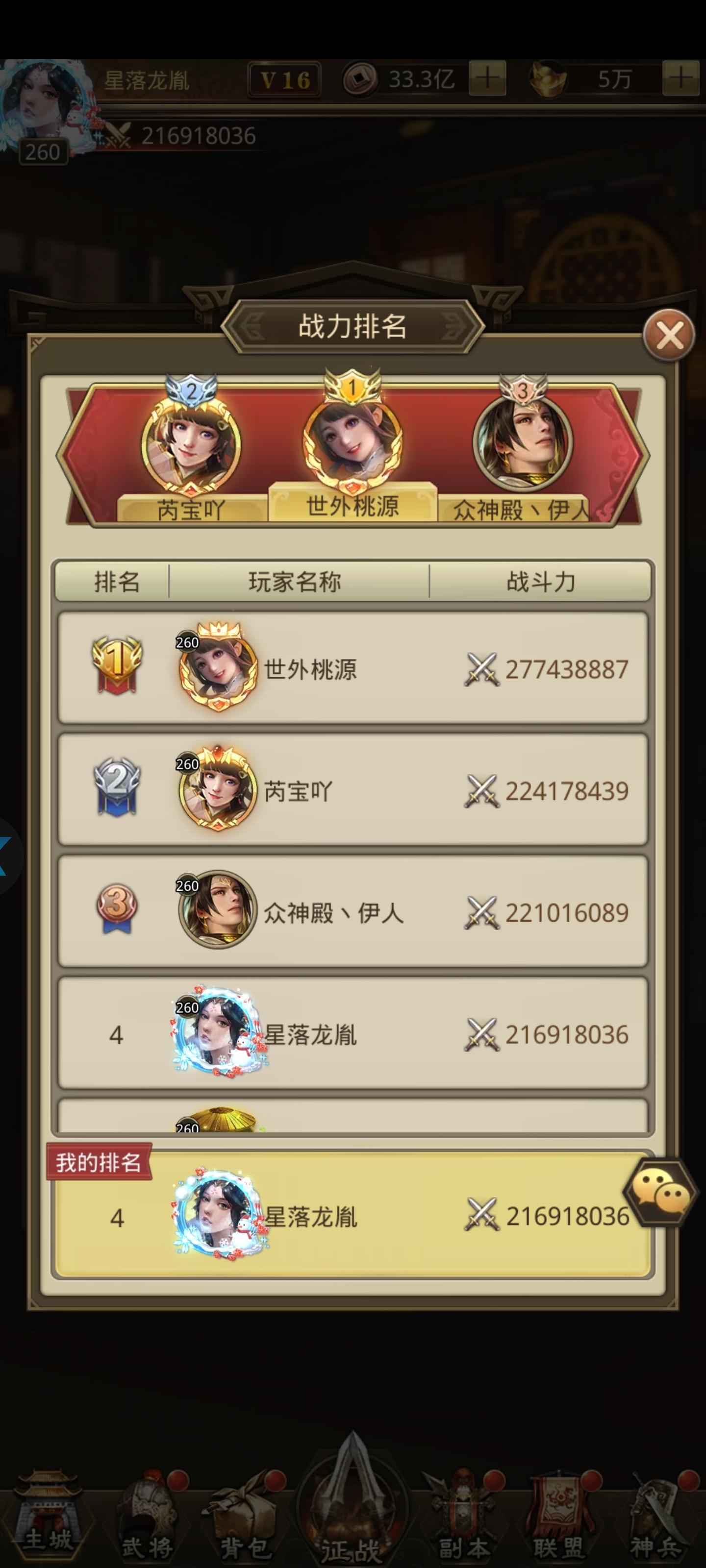 放置三国【260级】榜四王爵2亿战3魂将4星龙祭