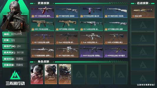 三角洲行动总资产291M 3干员外观 1传说近战 无段位
