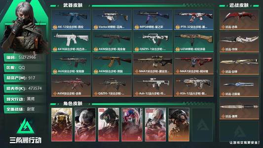 三角洲行动总资产917M 11干员外观 5传说近战 40传说枪械 黑鹰
