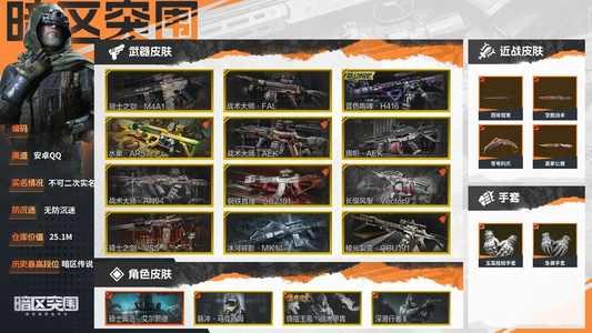 暗区突围库存价值25100000 2手套 12近战  11橙套装 3金套装 0橙枪 15金枪 专家