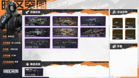 暗区突围库存价值9900000 0手套 4近战  11橙套装 0金套装 0橙枪 0金枪 专家