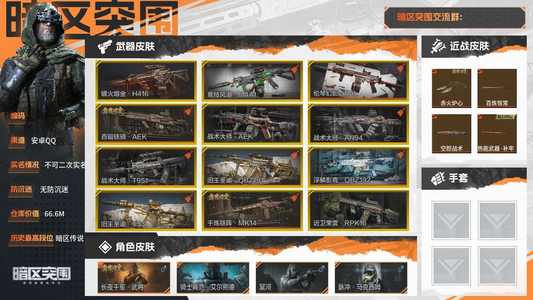 暗区突围库存价值66600000 0手套 5近战  11橙套装 3金套装 0橙枪 18金枪 专家