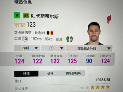 FC Online 足球在线4【20A K.卡斯蒂尔斯 强化13 能力113】13工资门将卡斯蒂尔斯13彩卡