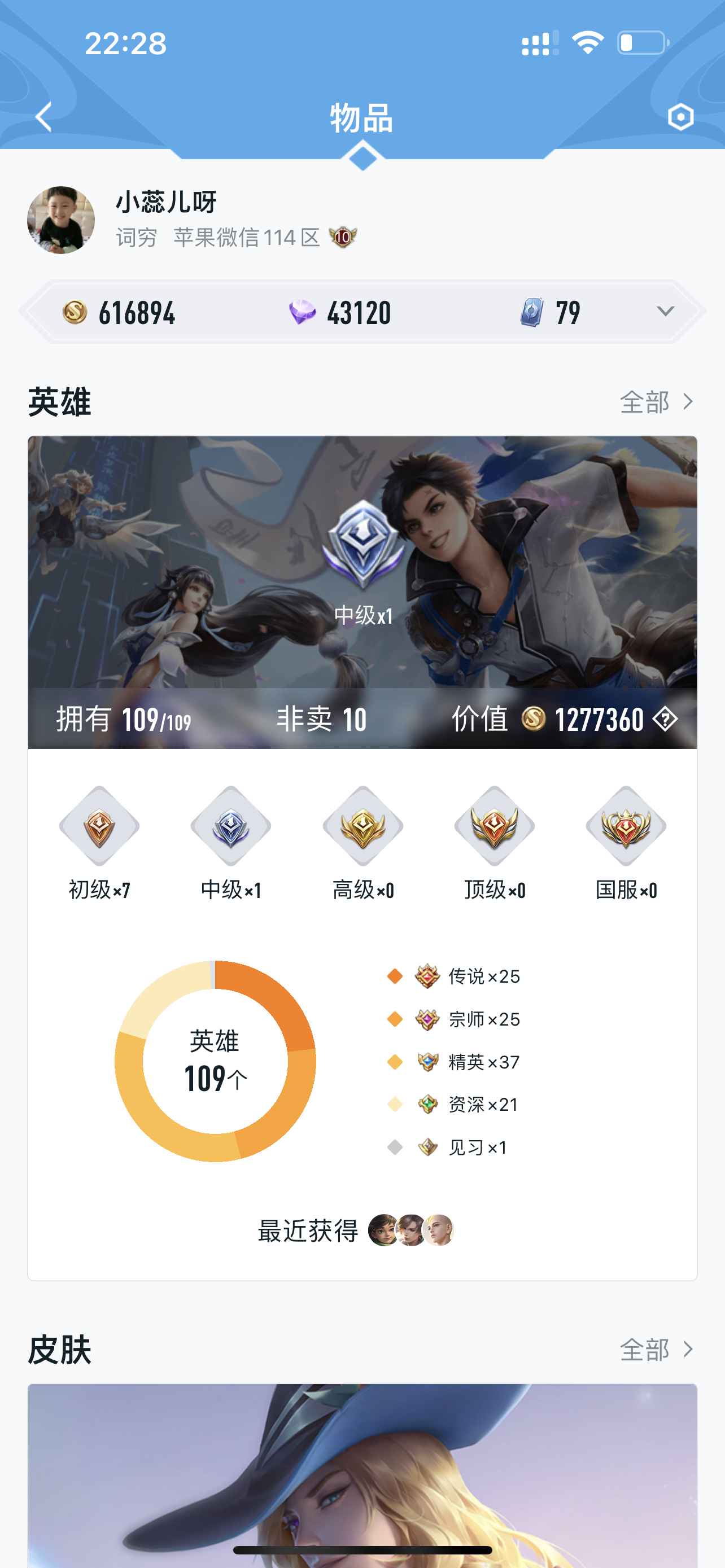 王者荣耀【苹果版】【109英雄352皮肤】贵族10廉价