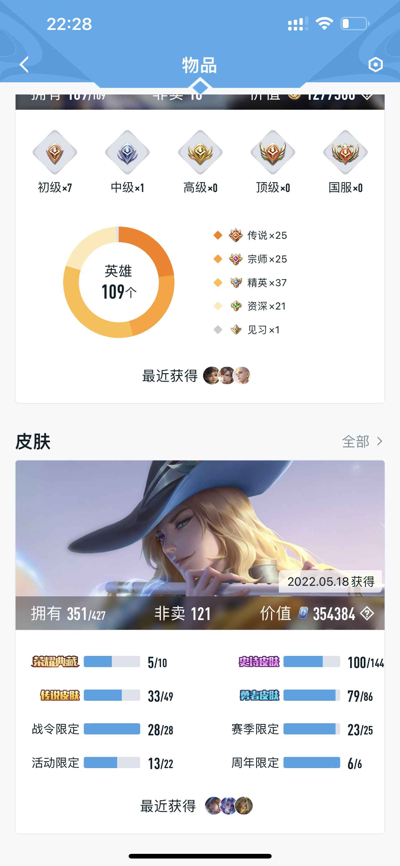 王者荣耀【苹果版】【109英雄352皮肤】贵族10廉价