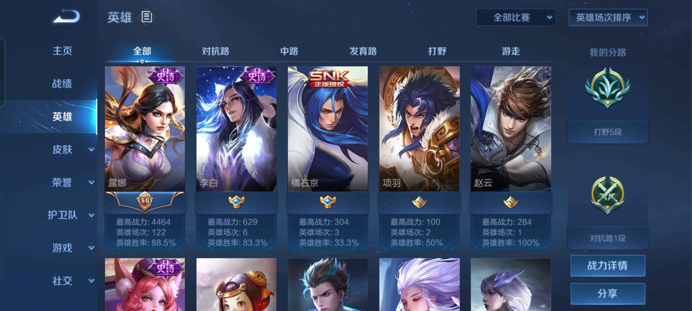 王者荣耀【16英雄8皮肤】转移露娜88高胜率村标在榜钻石