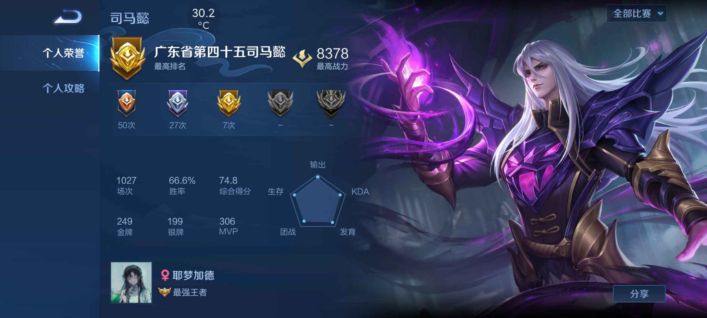 王者荣耀【58英雄26皮肤】历史金标司马懿账号高评分高胜率
