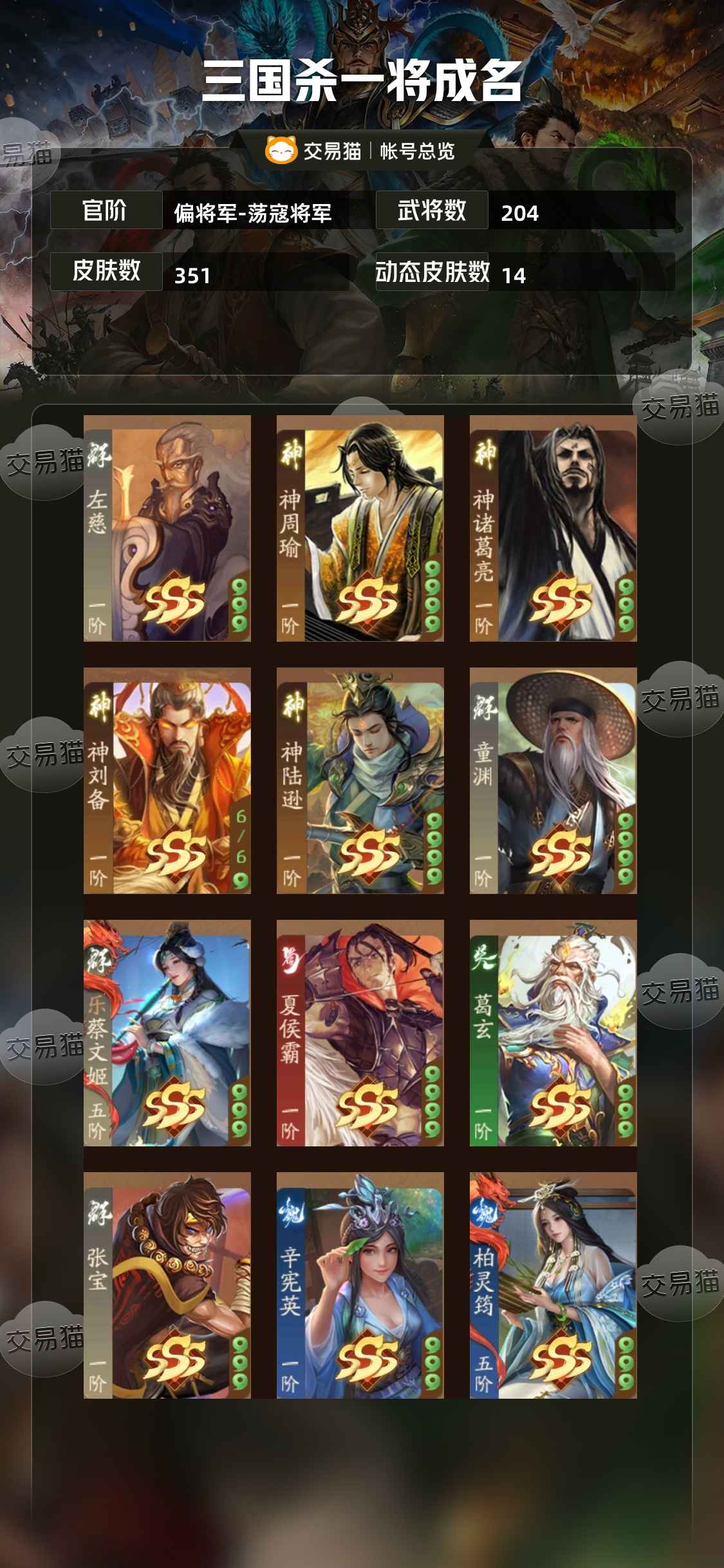 三国杀一将成名（三国杀十周年）【偏将军-荡寇将军】 20w绑元4w通元1祈福2纳贤