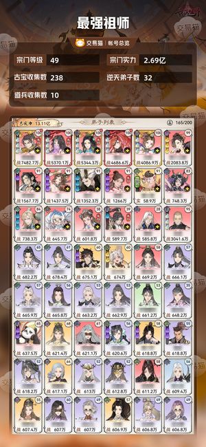 最强祖师【49级2.69亿战力】 半新区韩立5星道兵，8个天河。