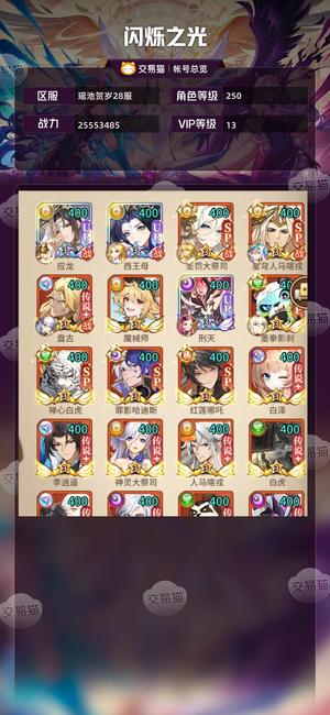 闪烁之光【VIP13,等级250】 新区四UR双满魂，资源丰富