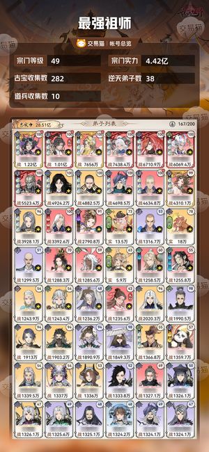 最强祖师【49级4.42亿战力】 4.44亿论道亚军半新区账号