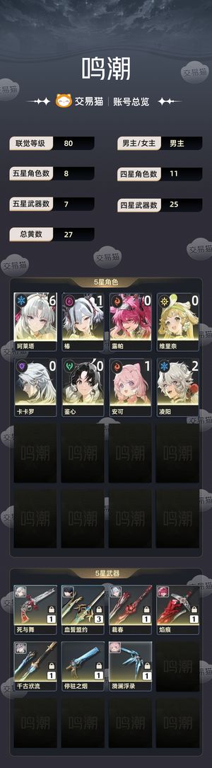 鸣潮【苹果版】【80级】 61柯莱特带皮肤11椿01露帕