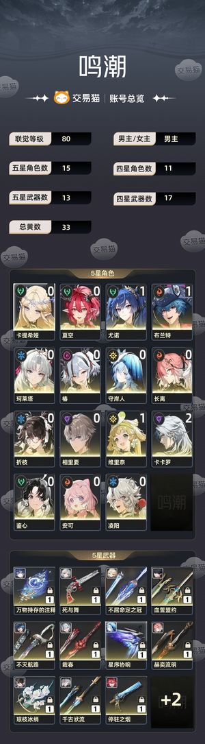 鸣潮【苹果版】【80级】 11尤诺，01卡提，珂莱塔皮肤