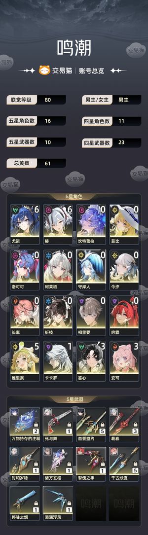 鸣潮【80级】 62尤诺63椿多队伍齐全