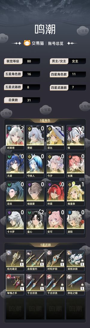 鸣潮【80级】 多五星有今汐皮肤
