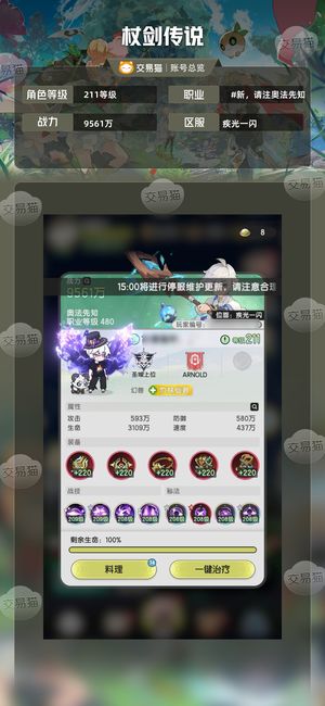 杖剑传说【211级】 9600万战力暗牧S1神尊