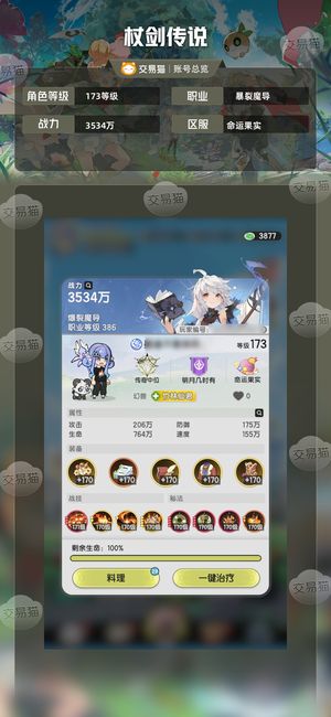 杖剑传说【173级 】2400w白值多资源58金遗