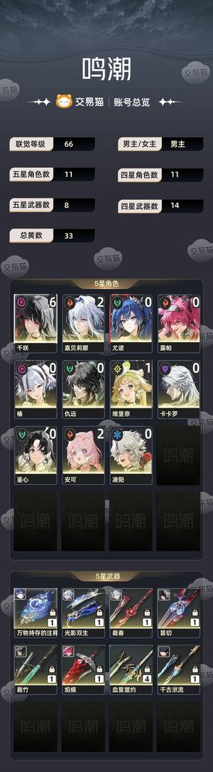 鸣潮【66级】 6千咲，椿，优诺，2嘉贝露帕仇