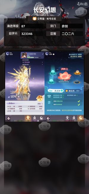 长安幻想【弈剑87级总评分323346】4神，典藏衣服，其他自己看