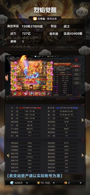 烈焰觉醒【27800级战士】开区40天，充值二万