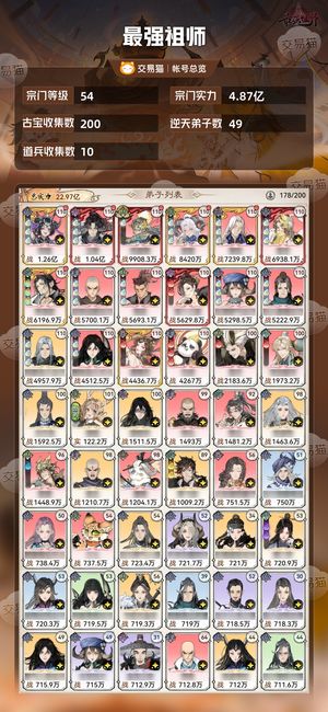 最强祖师【54级4.87亿战力】 仙蛇璃卫道兵大量资源