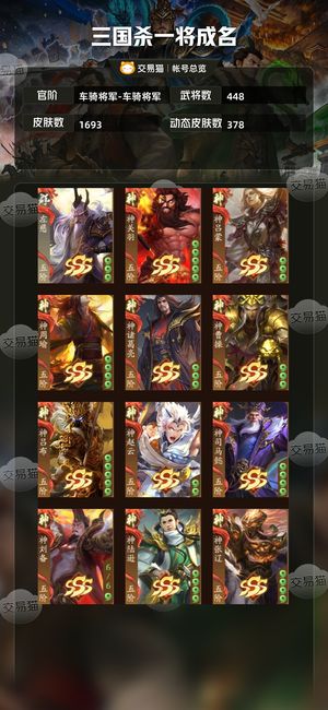 三国杀一将成名（三国杀十周年）【车骑将军-车骑将军】 准骠骑，18宝玉6万通25绑 