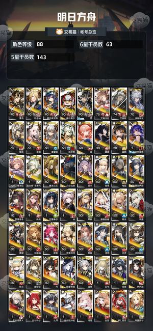 明日方舟【88级】六星干员数：63、时装数：40