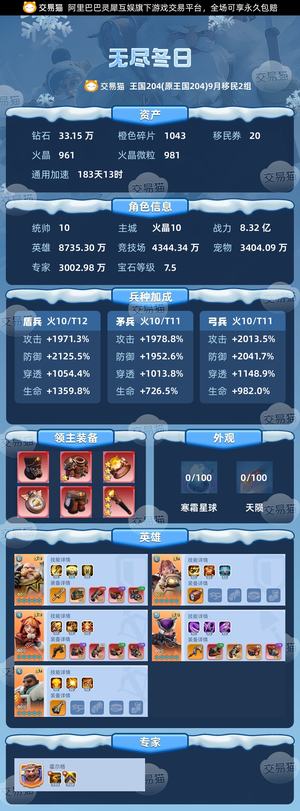 无尽冬日【统帅10级】车身号，一路t12