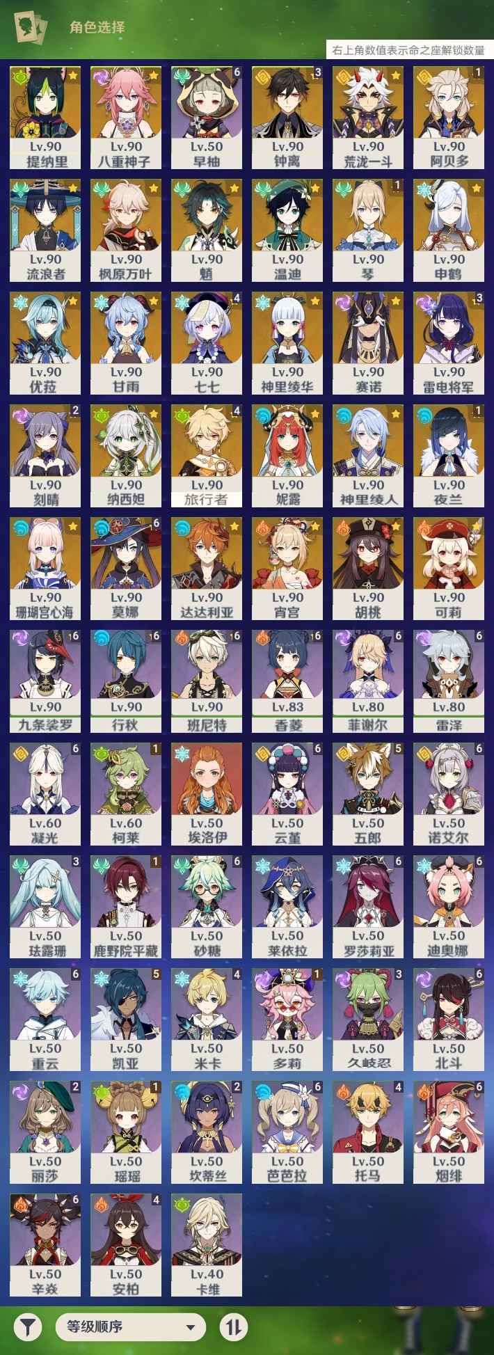 原神【60级】世界60级81黄高练度质量号